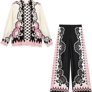 Zara Black and Pink Wide Leg Pants with Ornate Design